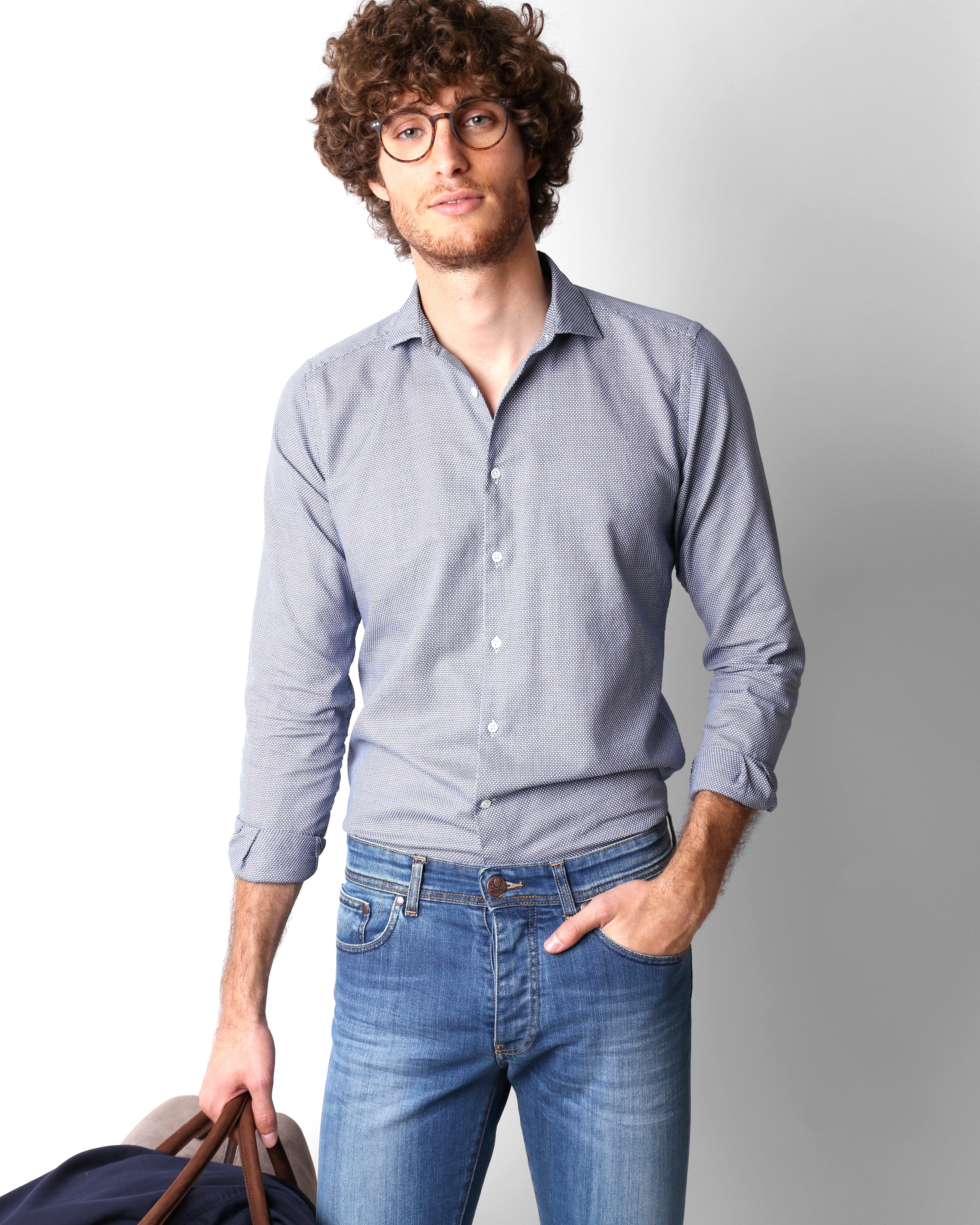 MORRIS S.SHIRT NAVY WHITE DOTS