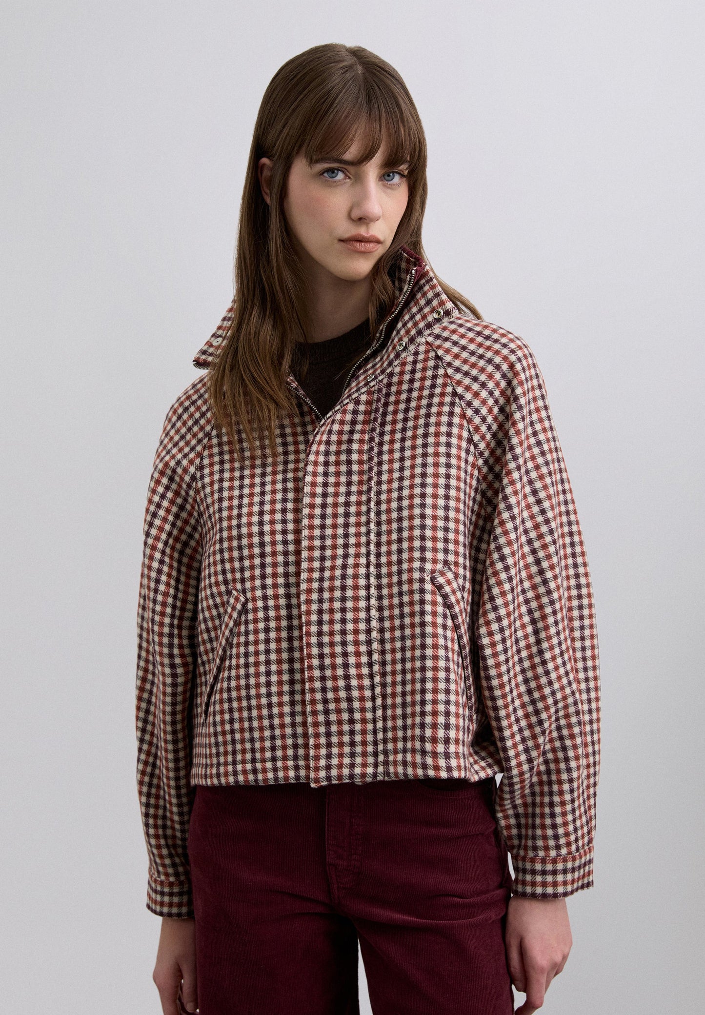 CHAQUETA BOMBER CUADROS CUELLO PANA